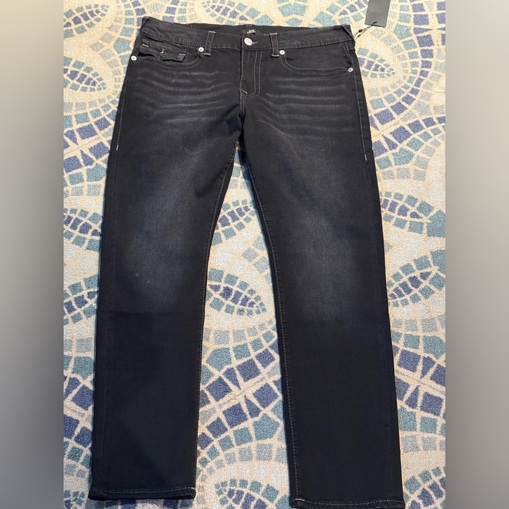 True Religion Jeans Geno Big T Flap Men's 32x32 Slim Fit Coal Rare Purple Stitch